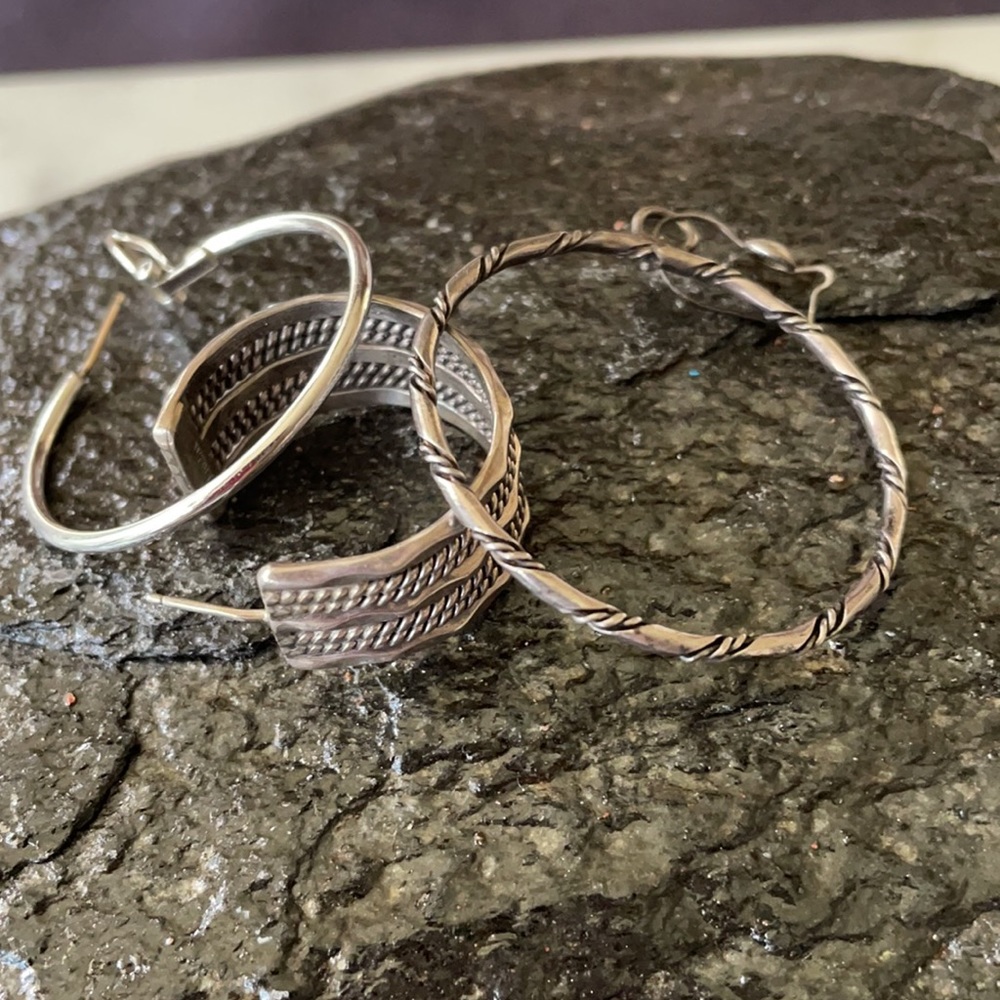 Native American Three Solo Sterling Cuff and Hoops Earrings